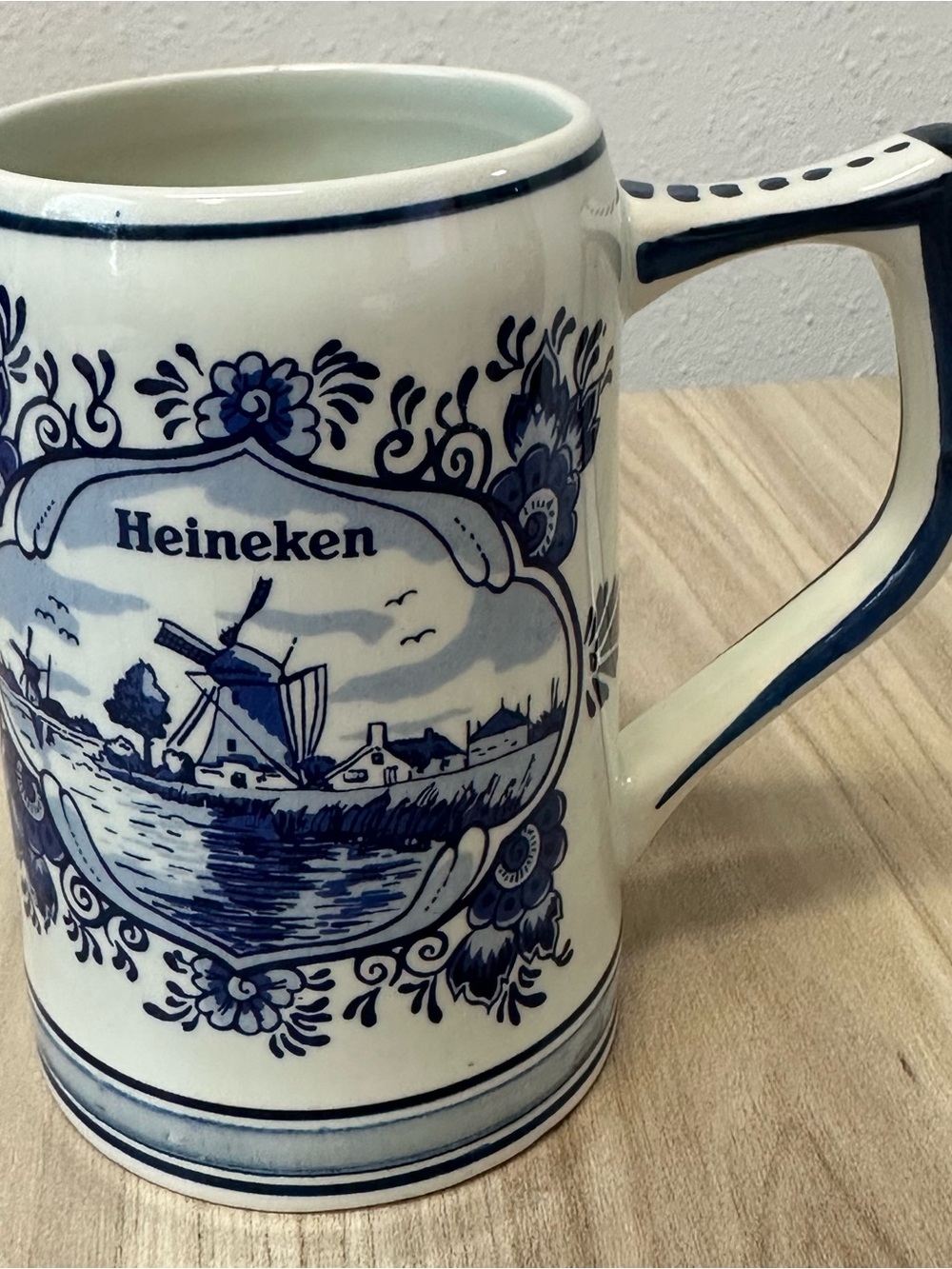 1970s Heineken Delft Blue Holland Porcelain Hand Painted Beer Stein Mug Windmill